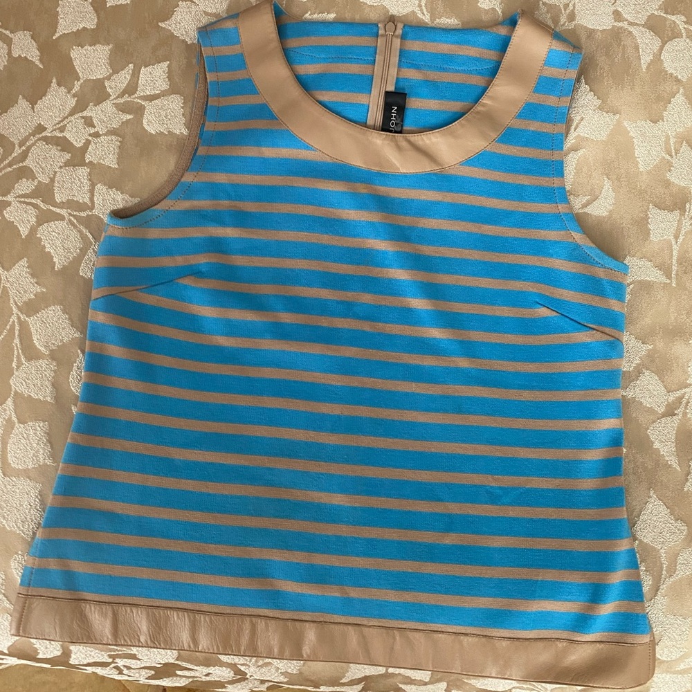 St. John leather trim Blue and Tan Striped tank